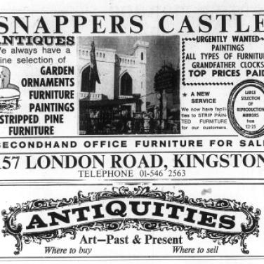 Advert for Snapper's Antiques shop, from Surrey Comet 10th February 1973 p6